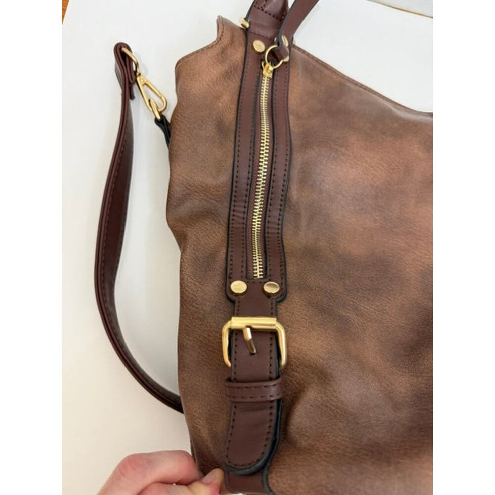 Vegan Leather Bucket Tote Crossbody Bag Brown Gold Hardware - Picture 7 of 8